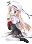  bad_id bad_pixiv_id blue_eyes bow cape cup fang hat kimishima_ao little_busters! long_hair noumi_kudryavka open_mouth pink_bow plaid plaid_skirt school_uniform silver_hair skirt solo thighhighs 