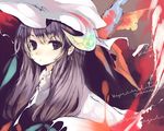  bangs blue_bow bow collar crescent frills hair_bow hat k_(li) long_hair looking_at_viewer mob_cap multi-tied_hair patchouli_knowledge purple_eyes purple_hair red_bow sidelocks solo touhou upper_body very_long_hair 
