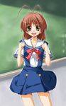  :d antenna_hair blue_dress bow bowtie chalkboard clannad dress dutch_angle furukawa_nagisa hakui_ami hikarizaka_private_high_school_uniform indoors looking_at_viewer open_mouth red_bow red_neckwear sailor_collar school_uniform short_hair short_sleeves smile solo standing 