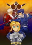  3boys archer armor artoria_pendragon_(all) battle blonde_hair blue_hair caliburn duel fate/stay_night fate_(series) gae_bolg green_eyes hands_on_hilt kanshou_&amp;_bakuya kotomine_kirei lancer multiple_boys polearm saber spear sword weapon white_hair yangsion 