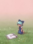  =_= barefoot bloomers blue_dress blue_hair bow cirno clothes_grab commentary_request dress dress_grab flower grass hair_bow kneeling no_wings sankuma short_hair short_sleeves solo touhou underwear 