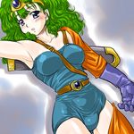  armpits blue_eyes blue_leotard blush breasts circlet dd_(ijigendd) dragon_quest dragon_quest_iv gloves green_hair hat heroine_(dq4) large_breasts leotard lying solo sword weapon 