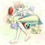  ahoge barefoot blonde_hair breasts character_pillow company_connection covered_nipples feet green_eyes hoshii_miki idolmaster idolmaster_(classic) idolmaster_1 katamari katamari_damacy long_hair lying medium_breasts nomura_teruya on_side pajamas pillow soles taiko_no_tatsujin wada_don wada_katsu 