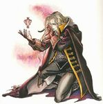  alucard_(castlevania) cape castlevania castlevania:_symphony_of_the_night floating kneeling kojima_ayami long_hair lowres magic male_focus official_art pale_skin solo trench_coat urn vampire white_hair 