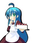  ahoge apron blue_hair blush cake finger_licking food fruit green_eyes hujikok izumi_konata licking long_hair lucky_star mole mole_under_eye no_pupils pastry simple_background solo strawberry white_background 