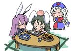  :&lt; anger_vein animal_ears baku_taso blush bunny_ears chibi inaba_tewi multiple_girls o_o reisen_udongein_inaba ribbon senbei table tatami tea touhou yagokoro_eirin 