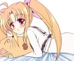  blonde_hair blush fate_testarossa hair_ribbon long_hair lying lyrical_nanoha mahou_shoujo_lyrical_nanoha on_stomach pillow pillow_hug red_eyes ribbon school_uniform seishou_elementary_school_uniform solo twintails uminchu 