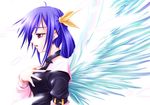  :d ahoge bare_shoulders black_dress choker collarbone dizzy dress feathered_wings from_side guilty_gear hand_on_own_chest off-shoulder_dress off_shoulder open_mouth profile purple_hair red_eyes short_hair simple_background smile solo upper_body uraomote white_background wings 