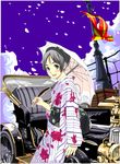  akino_(artist) car cherry_blossoms flag ground_vehicle japanese_clothes motor_vehicle nail_polish original petals short_hair silver_hair solo umbrella 