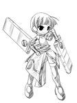  ahoge armor armored_boots bangs blunt_bangs boots club dress dual_wielding full_body greyscale holding holding_weapon lyrical_nanoha mahou_shoujo_lyrical_nanoha_strikers monochrome schach_nouera short_hair simple_background solo thigh_boots thighhighs uniform weapon white_background windenschaft yuuka_(o.t.kingdom) 