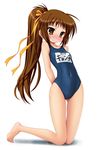  920-k barefoot blush brown_eyes brown_hair flat_chest full_body genderswap genderswap_(mtf) hair_ribbon kyonko long_hair name_tag one-piece_swimsuit ponytail ribbon school_swimsuit simple_background solo suzumiya_haruhi_no_yuuutsu swimsuit 