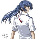  2008 bangs blue_hair brown_eyes from_behind hair_between_eyes hong_meiling katsuhisa_saya looking_at_viewer looking_back macross macross_frontier male_focus ponytail saotome_alto shirt short_sleeves simple_background solo t-shirt tassel white_background white_shirt 