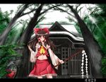  ascot bad_id bad_pixiv_id blastbeat blush brown_eyes brown_hair gohei hair_tubes hakurei_reimu letterboxed midriff nature navel shrine solo touhou tree 