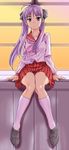  collarbone frown g-tetsu hair_ribbon hiiragi_kagami kneehighs knees_together_feet_apart knees_touching long_hair lucky_star panties pleated_skirt purple_eyes purple_hair ribbon ryouou_school_uniform school_uniform serafuku sitting skirt socks solo tsurime twintails underwear white_legwear white_panties 