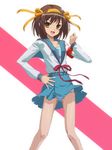  armband bad_id bad_pixiv_id blue_sailor_collar blue_skirt brown_hair kita_high_school_uniform matsudo_aya panties sailor_collar school_uniform serafuku skirt solo striped striped_panties suzumiya_haruhi suzumiya_haruhi_no_yuuutsu underwear 