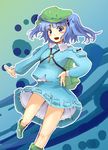  backpack bag blue_eyes blue_hair blush blush_stickers hair_bobbles hair_ornament hand_on_hip hat himeno_suika kawashiro_nitori key open_mouth short_hair solo touhou twintails two_side_up 