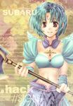  .hack//sign 1girl axe bad_id bad_pixiv_id blue_hair brown_eyes detached_collar detached_sleeves for_all_z honeycomb_(pattern) honeycomb_background midriff short_hair skirt subaru_(.hack//) warrior weapon wings yellow_background 