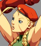  alvin_lee antenna_hair armor armpits arms_up bare_shoulders beret blonde_hair blue_eyes braid cammy_white close-up face gauntlets green_leotard grey_background hair_over_shoulder halterneck hat leotard lips long_hair military military_uniform official_art parted_lips profile scar simple_background solo street_fighter street_fighter_ii_(series) turtleneck twin_braids udon_entertainment uniform 