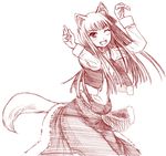  animal_ears arms_up fang himeno_suika holo long_hair monochrome one_eye_closed red solo spice_and_wolf tail wolf_ears wolf_tail 