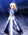  1girl ahoge armor artoria_pendragon_(fate) blonde_hair blue_eyes commentary_request fate/stay_night fate_(series) green_eyes ribbon saber_(fate) solo sword uraomote weapon 