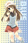  \||/ blue_(pokemon) blue_eyes brown_hair character_name hat long_hair one_eye_closed pokemon pokemon_special porkpie_hat retei skirt smile solo 