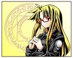  blonde_hair fate_testarossa glasses long_hair lyrical_nanoha magic_circle mahou_shoujo_lyrical_nanoha_strikers military military_uniform octagram red_eyes solo star_of_lakshmi tsab_executive_military_uniform uniform yellow_background yuuka_(o.t.kingdom) 