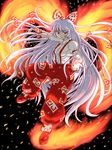  bangs bow embers fiery_wings fire fujiwara_no_mokou hair_bow hair_ribbon long_hair red_eyes ribbon silver_hair solo suspenders touhou umean_kyuuo very_long_hair wings 