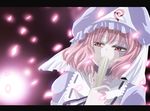  bad_id bad_pixiv_id cherry_blossoms closed_fan covering_mouth fan folding_fan hat pink_hair saigyouji_yuyuko shion_(ikihara) solo touhou 