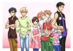  6+boys :d artist_request blonde_hair blue_eyes breasts bridal_gauntlets casual cowboy_shot fujioka_haruhi haninozuka_mitsukuni height_difference hitachiin_hikaru hitachiin_kaoru holding_hands hood hood_down hooded_jacket jacket long_sleeves looking_at_viewer morinozuka_takashi multiple_boys ootori_kyouya open_mouth ouran_high_school_host_club pants pink_hair short_hair small_breasts smile spiked_hair suou_tamaki sweater vest zipper 