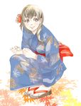  akino_(artist) autumn brown_hair eyewear_removed flower glasses hair_ornament holding holding_eyewear japanese_clothes leaf nail_polish original smile solo squatting 