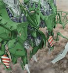  five_star_stories from_above highres jagd_mirage jagd_mirage_green_left mecha mortar_headd no_humans outdoors smoke tomo_(machinemess) 