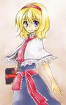  alice_margatroid belt blonde_hair blue_dress blue_eyes blush book capelet dress grimoire grimoire_of_alice hairband hakui_ami holding holding_book looking_at_viewer short_hair simple_background solo touhou white_background white_capelet 