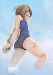  arms_behind_back ass bandaid bandaid_on_leg brown_hair closed_eyes flat_chest from_below from_side goggles highres holding_arm kitajima one-piece_swimsuit original school_swimsuit short_hair solo swimsuit water wet 