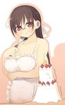  apron arima_senne breasts brown_hair cake food fork fruit glasses kashiwamochi_yomogi large_breasts long_hair looking_at_viewer naked_apron original pastry solo strawberry 