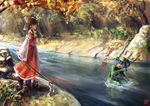  bad_id bad_pixiv_id blue_hair brown_hair costume day detached_sleeves frilled_shirt_collar frills gohei grass hakurei_reimu holding kappa kawashiro_nitori leaf long_hair long_skirt looking_at_another maple_leaf multiple_girls nature ni_piao_xiancai outdoors partially_submerged ribbon ribbon-trimmed_sleeves ribbon_trim river rock short_hair signature skirt splashing squatting standing sunlight touhou translated tree water 