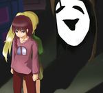  adapted_costume artist_request blonde_hair braid brown_hair clenched_hands expressionless green_eyes long_sleeves madotsuki monster multiple_girls pants pink_shirt poniko ponytail shade shirt single_braid skirt solo_focus standing sweater uboa yume_nikki 