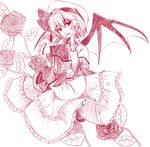  ascot bat_wings brooch flower hat himeno_suika jewelry monochrome red red_flower red_rose remilia_scarlet rose solo touhou wings 