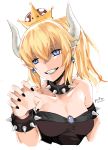  absurdres armlet bare_shoulders black_nails blonde_hair blue_eyes bowsette breasts cleavage collar collarbone cropped_torso dated earrings fitz_(fita_is_the_smartest) grin hair_between_eyes highres horns jewelry long_hair looking_at_viewer mario_(series) medium_breasts nail_polish new_super_mario_bros._u_deluxe nintendo pointy_ears ponytail sharp_teeth signature sketch smile solo strapless super_crown teeth upper_body 