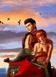  1boy 1girl bird denim hazuki_ryou jacket jeans joy joy_(shenmue) midriff motor_vehicle motorcycle pants ryo_hazuki seagull sega shenmue shenmue_ii sunset vehicle 