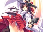  bell black_hair brown_eyes dual_wielding festa!!_hyper_girls_pop gun hakama handgun highres holding japanese_clothes kuonji_rin long_hair miko miyama-zero panties pantyshot pistol purple_hair red_hakama solo underwear weapon yellow_eyes 