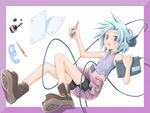  blue_hair drawing_tablet gou_(double_trigger) headphones holding_stylus ink original pen red_eyes short_hair solo 