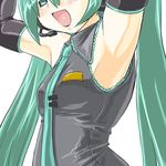  armpits blush dd_(ijigendd) detached_sleeves flat_chest green_eyes green_hair hatsune_miku long_hair microphone music necktie singing solo twintails vocaloid 