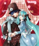  1girl alice_(wonderland) alice_(wonderland)_(cosplay) alice_in_wonderland apron bad_id bad_pixiv_id blue_dress blue_scarf bow cosplay crossover dress green_eyes green_hair hatsune_miku kaito kanmi mad_hatter scarf scarf_bow twintails vocaloid 