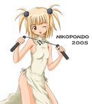  aoyama_reo bare_shoulders blonde_hair blush breasts china_dress chinese_clothes dress grey_eyes kufei lowres mahou_sensei_negima! nunchaku one_eye_closed short_hair short_twintails small_breasts solo twintails weapon 