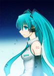  aqua_hair bad_id bad_pixiv_id character_name collared_shirt detached_sleeves eighth_note from_side gradient gradient_background grey_shirt hair_between_eyes hair_ornament hatsune_miku headphones long_hair mazakura_senju musical_note necktie night night_sky number profile shirt sky solo star_(sky) tattoo twintails upper_body vocaloid 