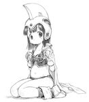  barasui boots cape chi-chi_(dragon_ball) child dragon_ball dragon_ball_(classic) gloves greyscale hat helmet long_hair midriff monochrome navel parody sitting solo 