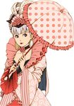  artist_request cape choker dress earrings feathers flower frilled_dress frills gensou_suikoden gensou_suikoden_v hair_up jewelry josephine pink pink_dress polka_dot polka_dot_umbrella purple_eyes rose silver_hair solo umbrella 