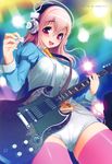  :d absurdres blush breasts electric_guitar guitar headphones highres holding instrument large_breasts long_hair nitroplus open_mouth pink_hair pink_legwear plectrum short_shorts shorts smile solo super_sonico thighhighs tsuji_santa 