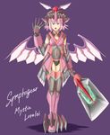  :o breasts cleavage crossover english highres medium_breasts mystia_lorelei open_mouth parody pink_hair purple_background rabinidaddo red_eyes senki_zesshou_symphogear short_hair simple_background solo touhou wings 
