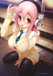  absurdres between_legs blush breasts eyebrows_visible_through_hair hand_between_legs hand_up headphones highres large_breasts long_hair long_sleeves looking_at_viewer necktie nitroplus open_mouth parted_lips pink_hair red_eyes sitting solo super_sonico sweater tsuji_santa wariza 